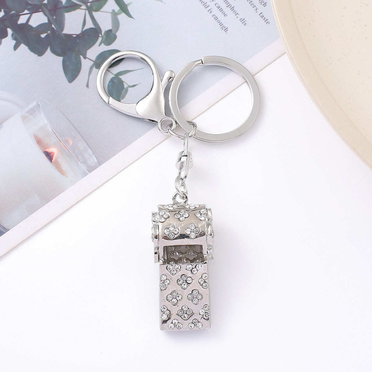 Wholesale Rhinestone Double Layer Whistle Keychain Metal Crystal Whistle Pendant